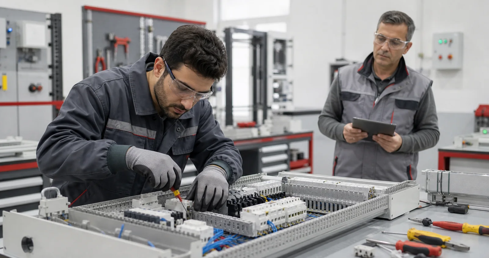 Elektrik pano uygulama sınavında çalışan aday ve tarafsız değerlendirici
